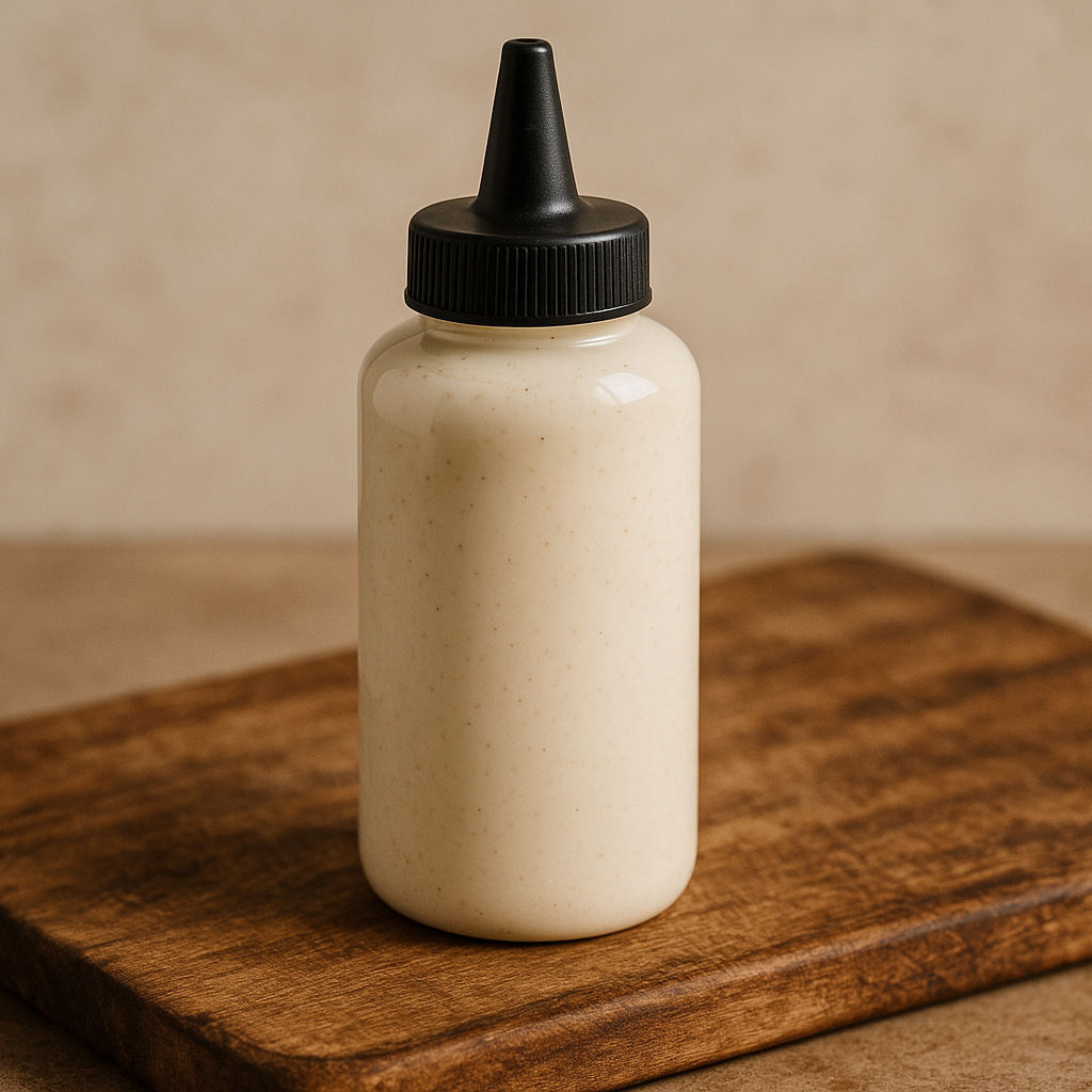 alabama white bbq sauce in a 4oz squeeze bottle with black top on a wood cutting board