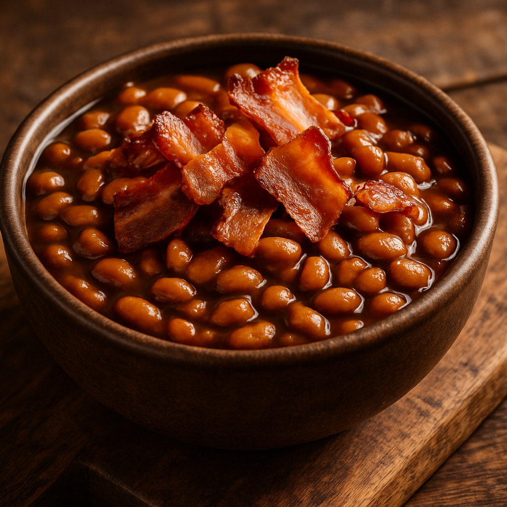baked beans with bacon in a bowl on top of a wood cutting board