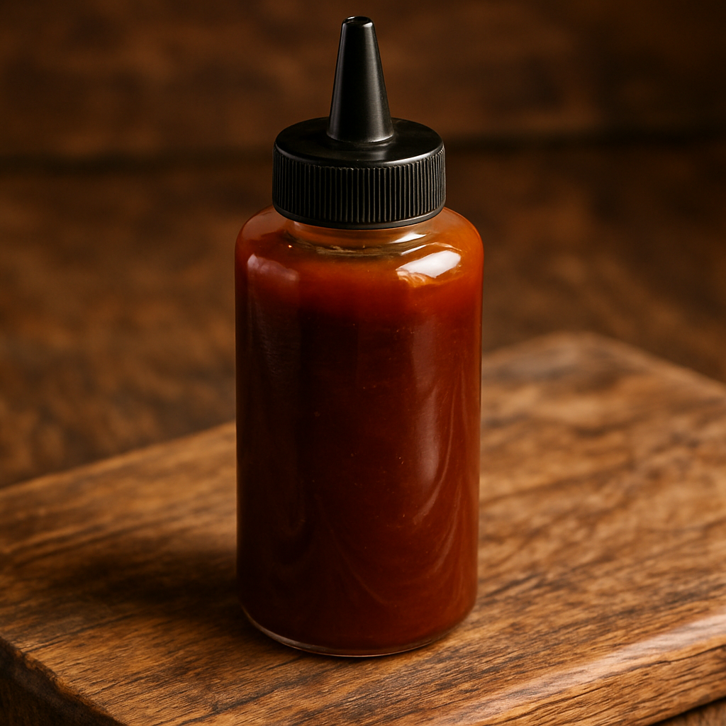 bbq sauce in a 4oz squeeze bottle with black top on a wood cutting board