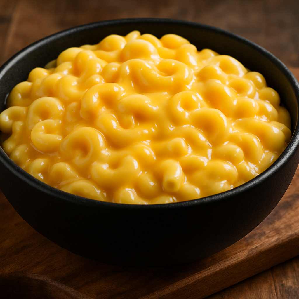 creamy mac and cheese in a black bowl on top of a wood cutting board