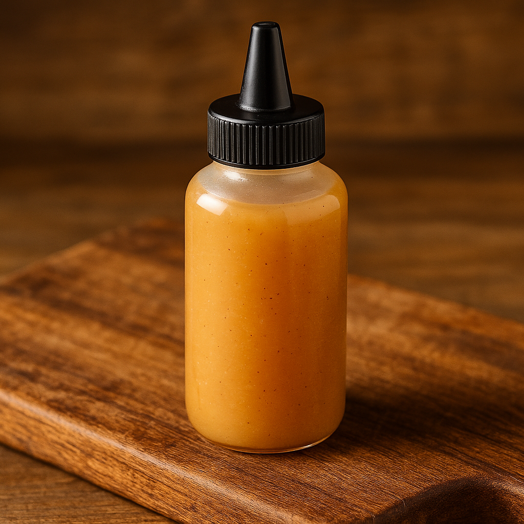 lighter bbq sauce in a 4oz squeeze bottle with black top on a wood cutting board