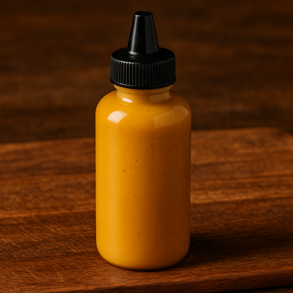 mustard bbq sauce in a squeeze bottle 4oz with black top on a wood cutting board