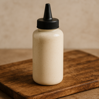 alabama white bbq sauce in a 4oz squeeze bottle with black top on a wood cutting board