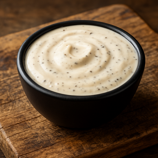 alabama white BBQ sauce in a small black bowl on top of a wood cutting board 