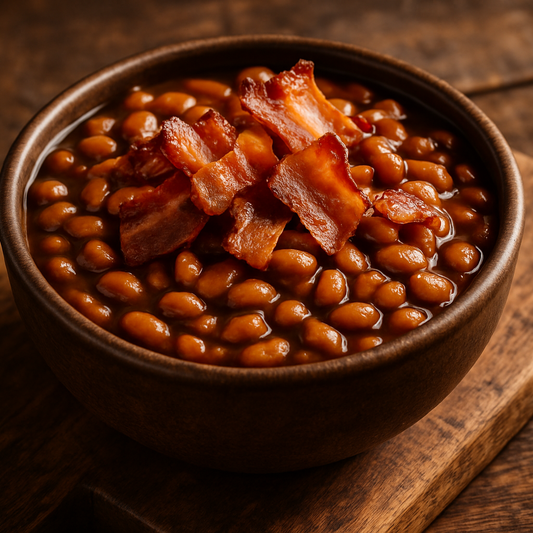 baked beans with bacon in a bowl on top of a wood cutting board