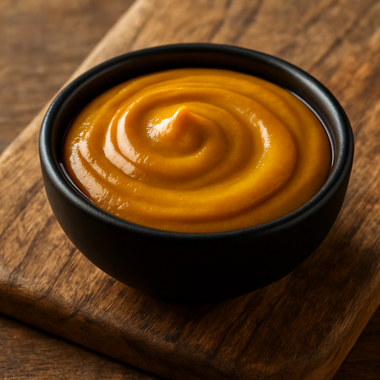 bbq mustard sauce in small black bowl on wood cutting board 