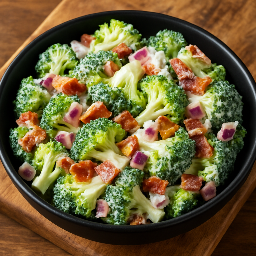 broccalli salad chunks creamy with red onion and bacon in a black boiwl on top of a wood cutting board 