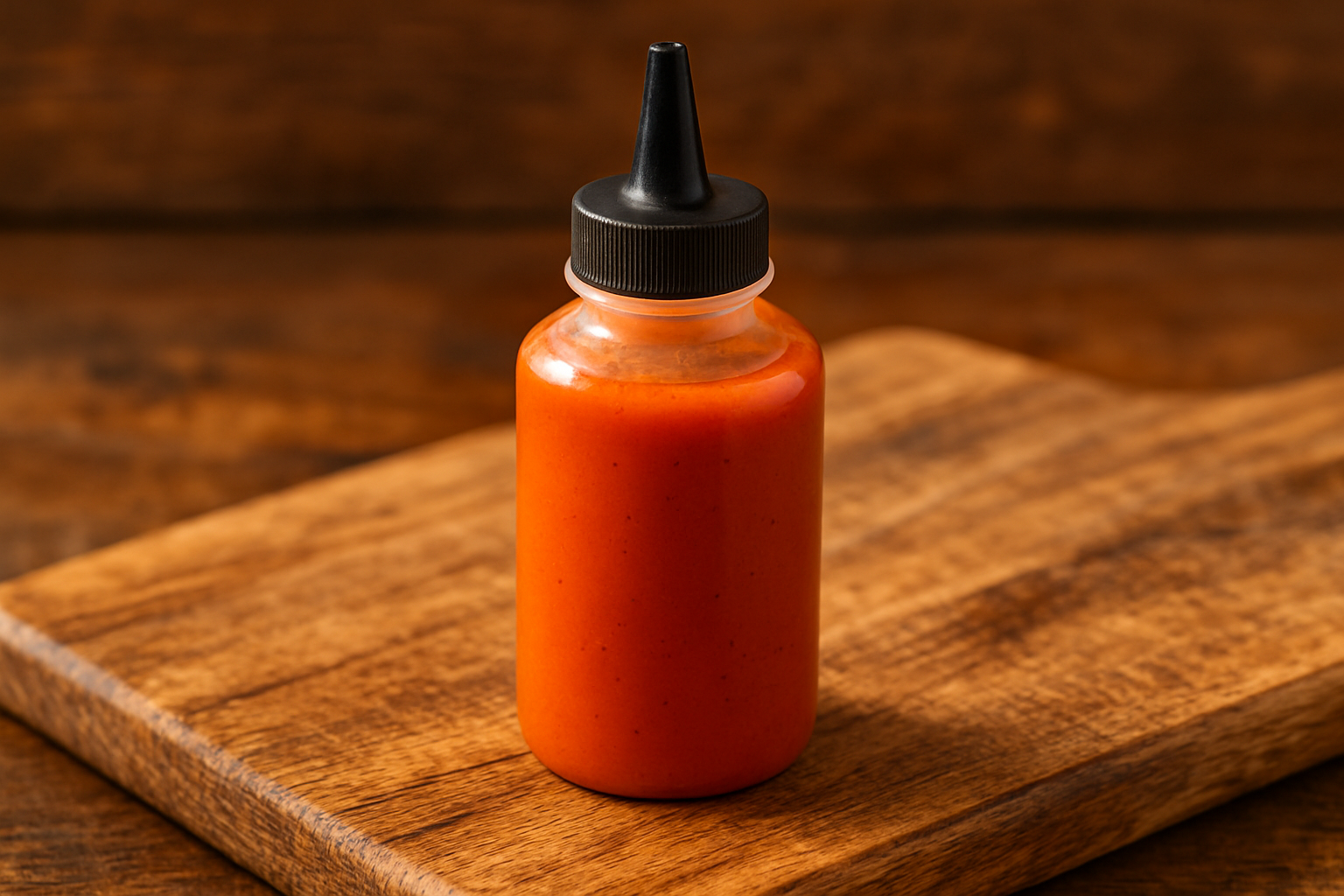 buffalo sauce in a small clear squeeze bottle with black tip on top of wood cutting board 