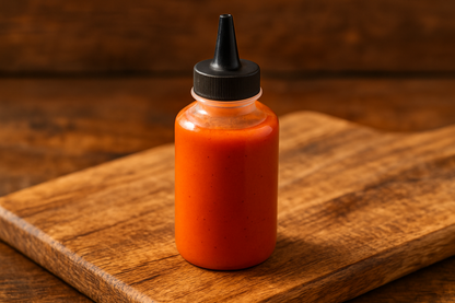 buffalo sauce in a small clear squeeze bottle with black tip on top of wood cutting board 
