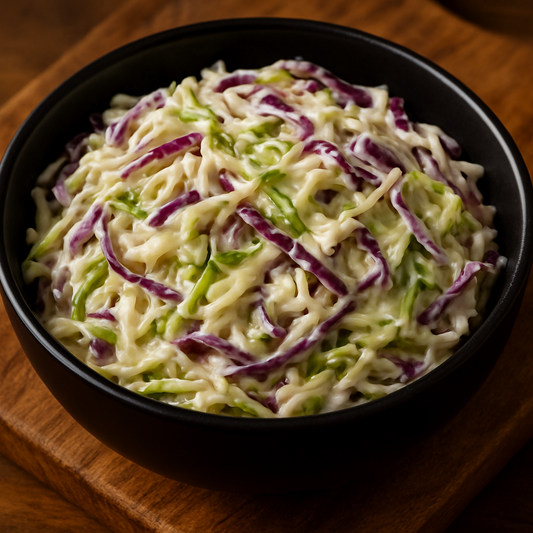 cabbage coleslaw with purple cabbage added creamy in a black bowl on top of a wood cutting board 