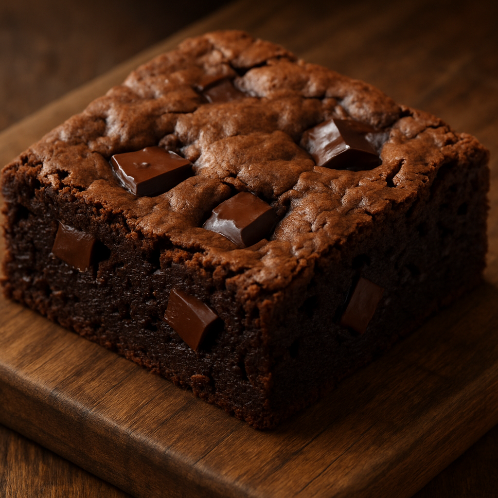 chocolate chunk brownie on top of a wood cutting board 