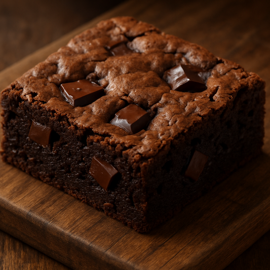 chocolate chunk brownie on top of a wood cutting board 