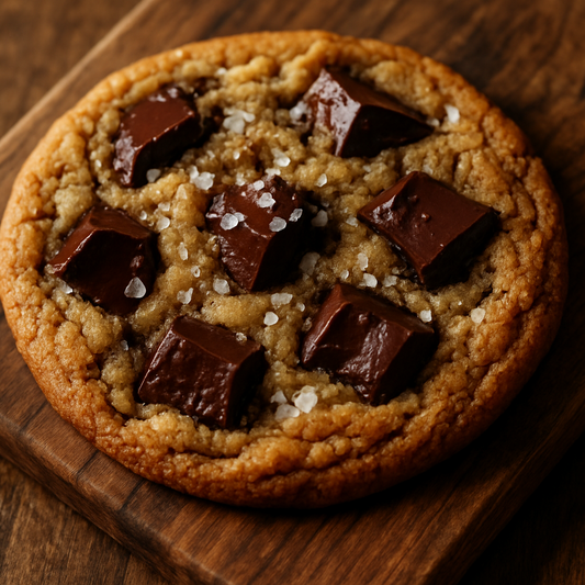 chocolate chunk cookie salted on a wood cutting board 