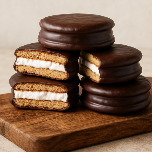 chocolate moon pies stacked on top of a wood cuttings board 