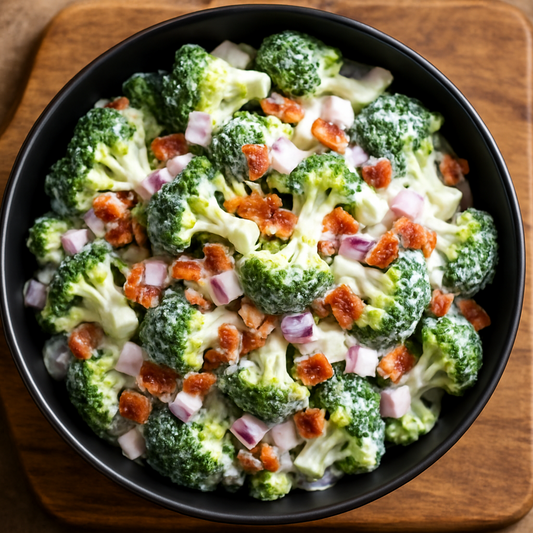 cold creamy broccoli salad with red onion and bacon in a black bowl on top of a wood cutting board 