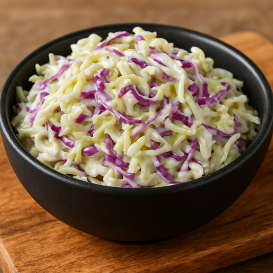 creamy cabbage coleslaw with purple cabbage in a small black bowl on top of a wood cutting board 