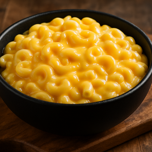 creamy mac and cheese in a black bowl on top of a wood cutting board 