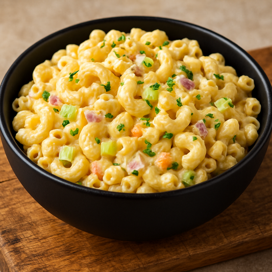 creamy macaroni salad in a black bowl on top of a wood cuttting board 