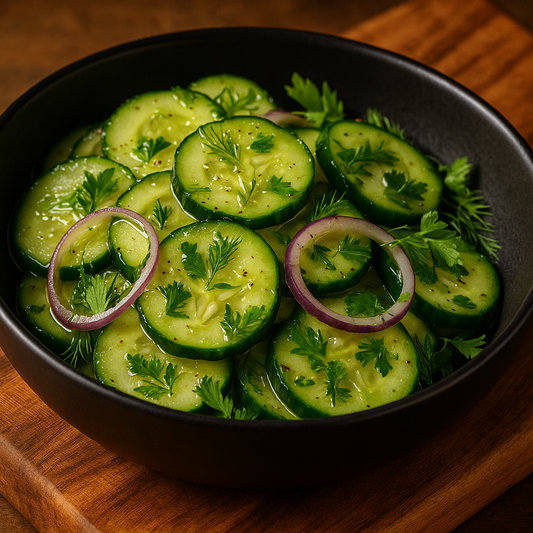 cucumber salad with vinaigrette, red onion & fresh herbs in a black bowl on a wood cutting board 