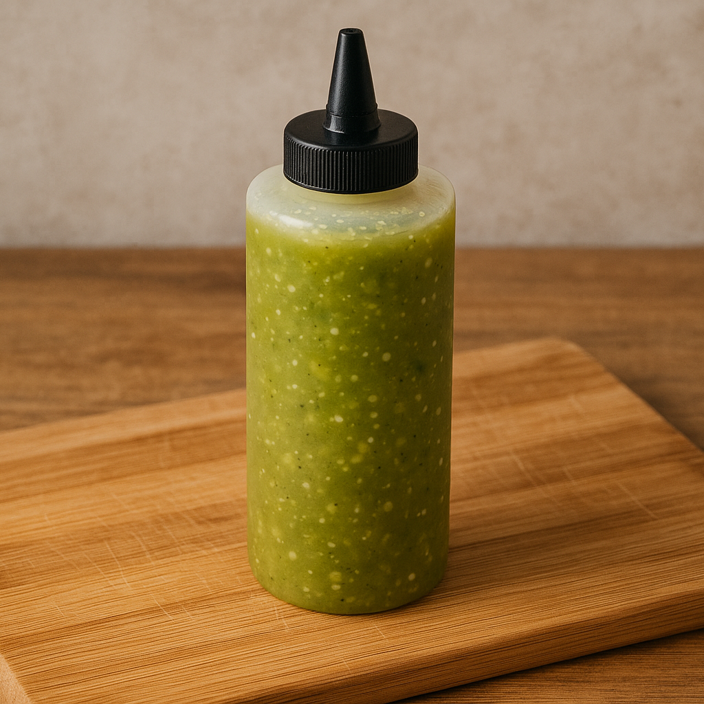 GREEN SALSAIN A SMALL PLASTIC SQUEEZE BOTTLE WITH A BLACK TIP ON TOP OF A WOOD CUTTING BOARD 