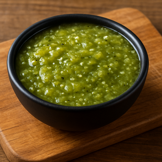 GREEN TOMITILLO SALSA IN A SMALL BLACK BOWL ON TOP OF A WOOD CUTTTING BOARD 