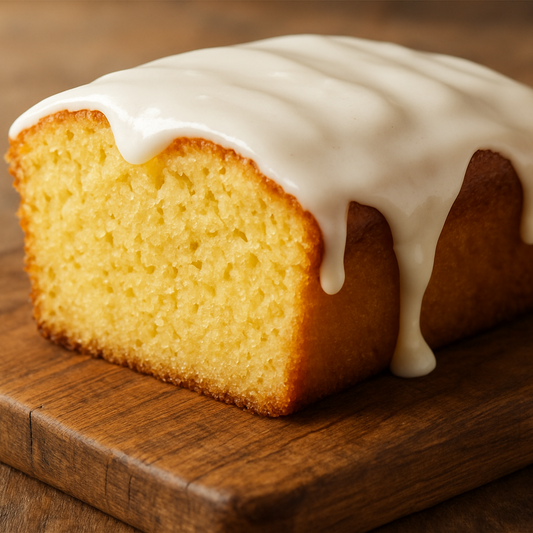 lemon loaf cake with icing slice on top of a wood cutting board 
