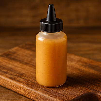 lighter bbq sauce in a 4oz squeeze bottle with black top on a wood cutting board 