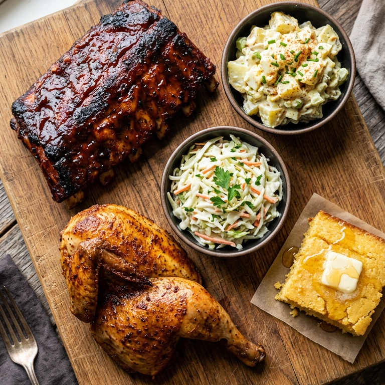 Smoked 1/2 Chicken & 1/2 slab of Ribs w/ 2 sides & Corn Bread