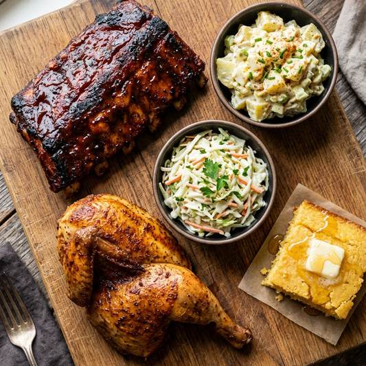 Smoked 1/2 Chicken & 1/2 slab of Ribs w/ 2 sides & Corn Bread