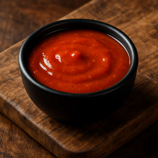 small black bowl with buffalo sauce in it on top of wood cutting board 