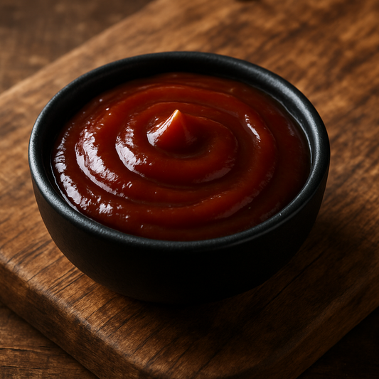 smokey bbq sauce in a small black bowl on a wood cutting board 