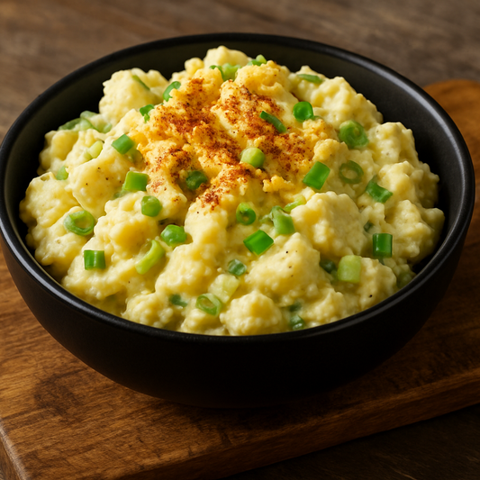 southern potato salad in a black bowl on top of a wood cutting board 