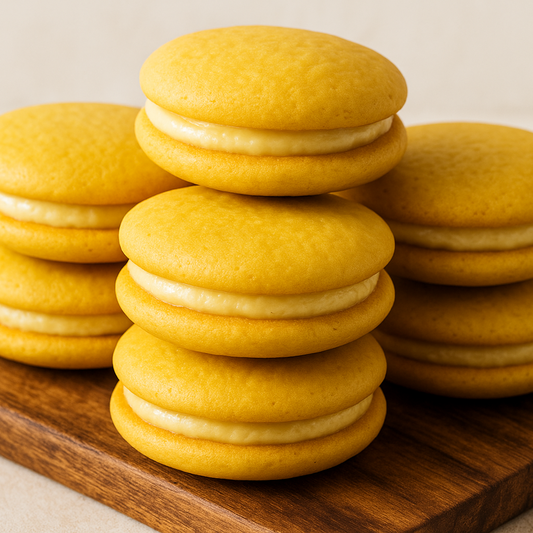 yellow banana moon pies stacked on top of a wood cutting board 